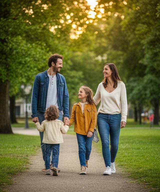 Familie mit zwei Kindern beim Spaziergang in einem grünen Park nahe Basel
