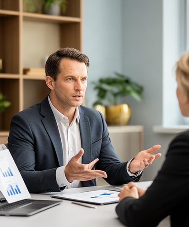 Persönlicher Finanzberater im Gespräch mit Unterlagen in einem Büro in Binningen