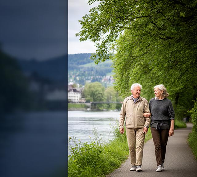 Älteres Paar beim entspannten Spaziergang an einem grünen Ufer in der Region Basel
